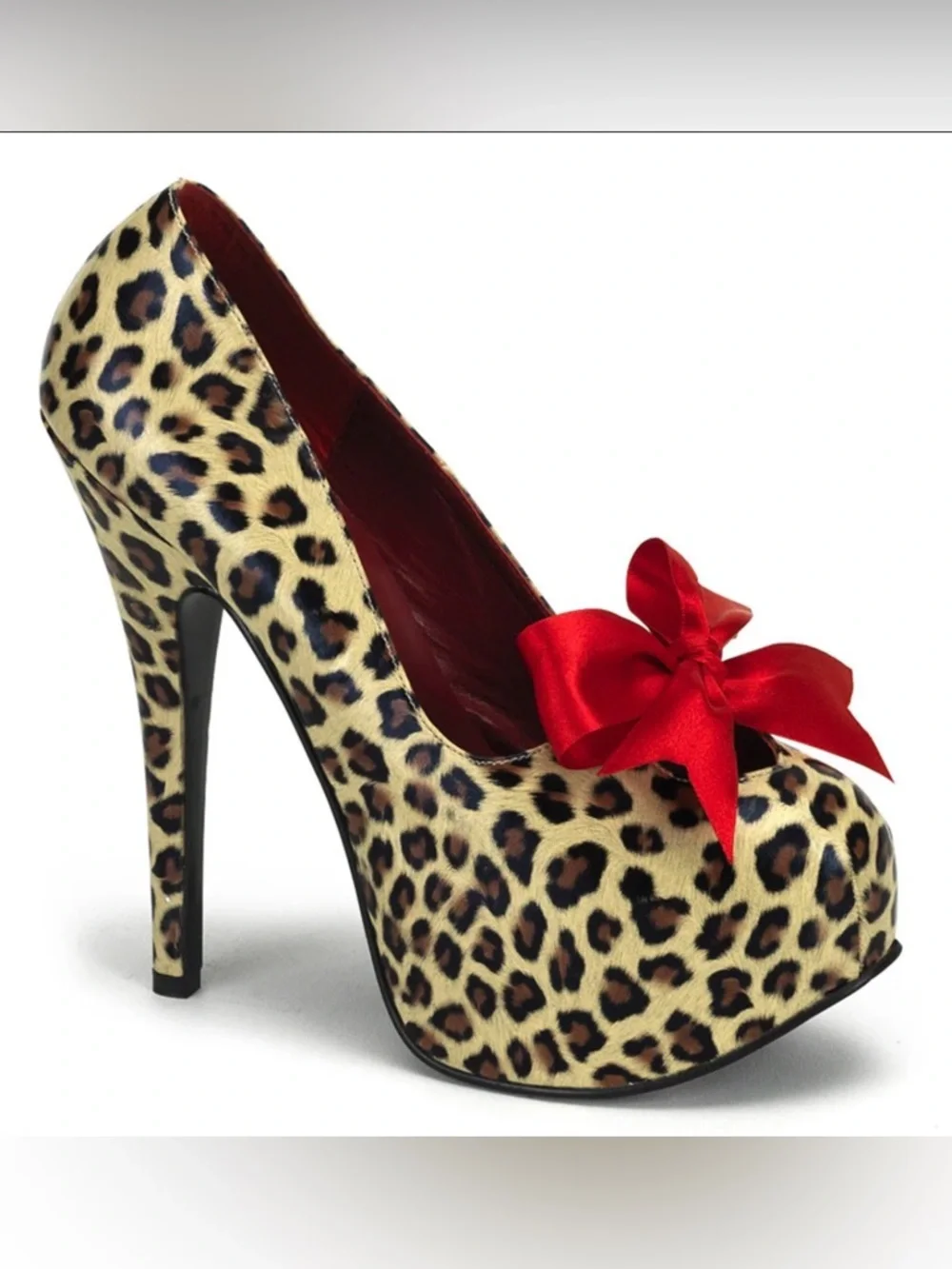 Bordello Teeze-12 Leopard Bow Platform Heels Pin Up Pumps Size 8 NIB - Picture 1 of 8